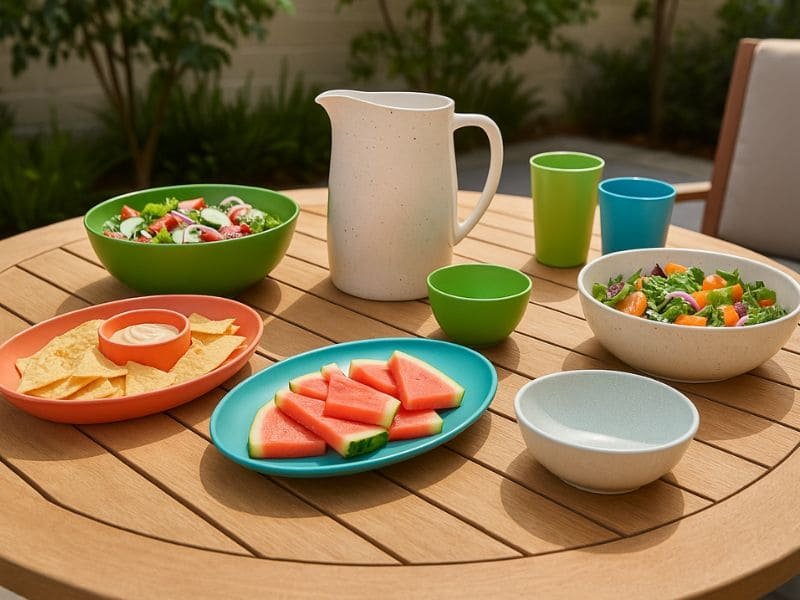 Outdoor melamine dinnerware in vibrant colors, featuring bowls, plates, and cups for garden dining
