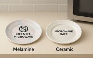 Side-by-side comparison of melamine plate marked Do Not Microwave and ceramic plate labeled Microwave Safe