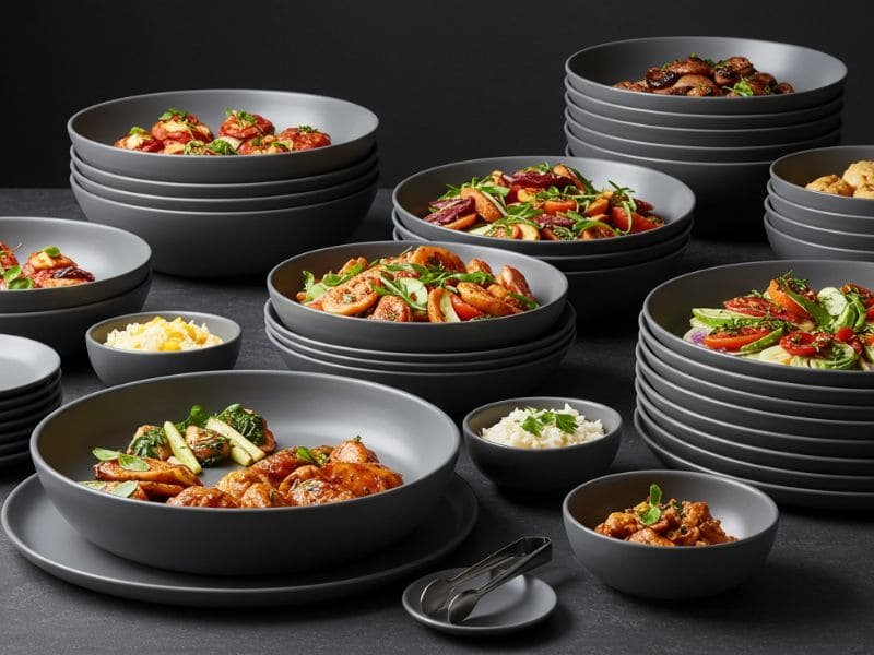 Stacked matte grey melamine dinnerware filled with assorted meals