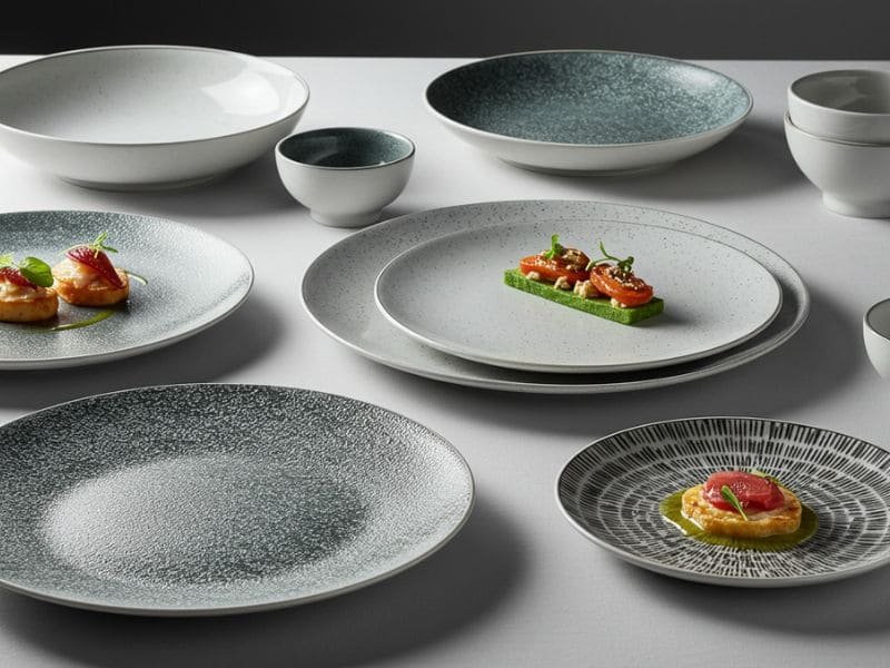 Textured melamine hotel dinnerware set with artistic food presentation