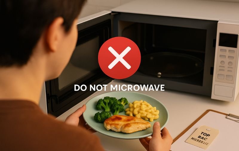 Warning not to microwave food on a melamine plate with a red cross symbol