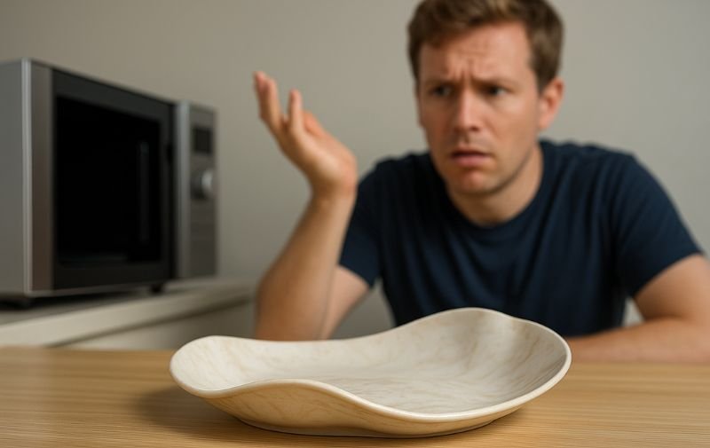 Warped melamine plate after microwave use with a confused man in the background
