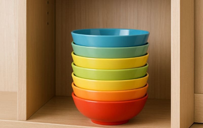 A neat stack of colorful melamine bowls freshly cleaned