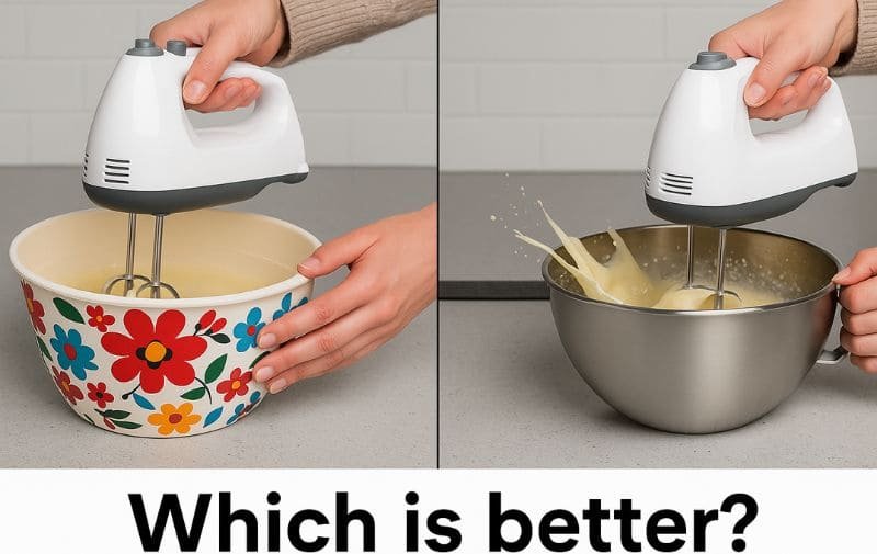 Comparison Scene – Melamine vs Stainless Steel Bowl with Mixer
