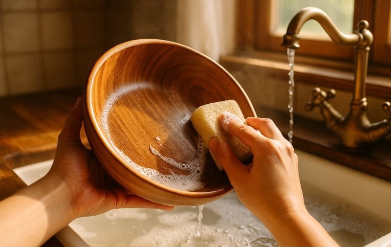 wooden bowl cleaning in kitchen