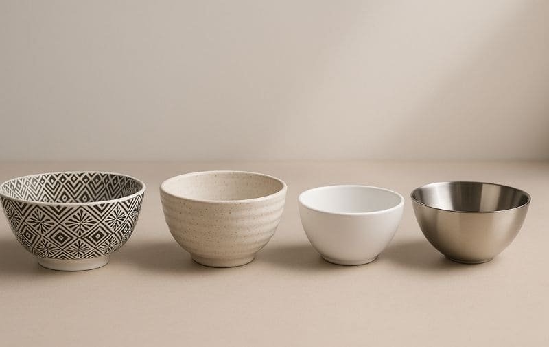 Material Comparison Melamine, Ceramic, Plastic, and Stainless Steel Bowls