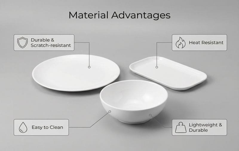 Commercial-grade custom melamine trays and bowls showcasing scratch resistance, heat resistance, and easy-clean benefits for restaurants