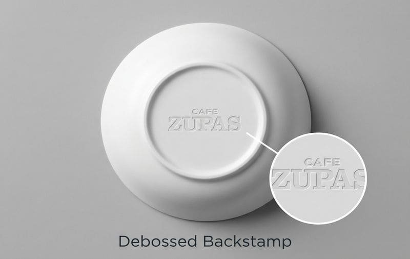 Custom debossed logo backstamp on melamine trays, bowls