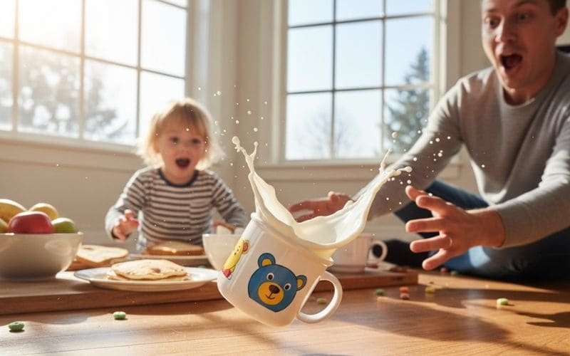 A child's melamine mug bouncing off a hardwood floor intact, highlighting its shatter-resistant and unbreakable durability for families