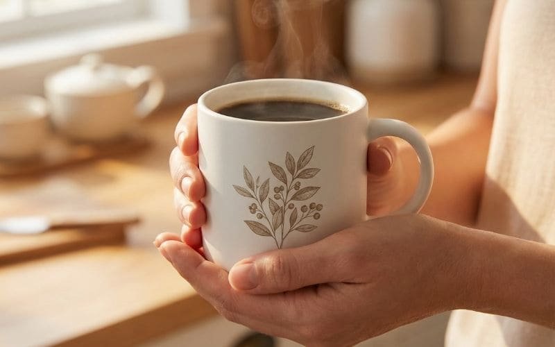Close-up of hands comfortably holding a steaming hot melamine mug, demonstrating its superior thermal insulation and heat safety