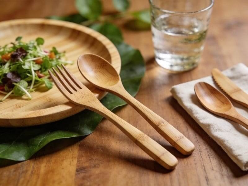 Bamboo cutlery and utensils including spoons and forks, sustainable bamboo tableware set