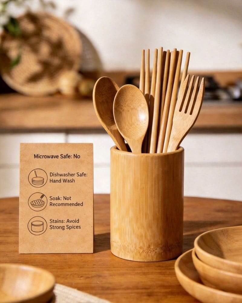 Bamboo cutlery care instructions, hand wash and natural maintenance for bamboo tableware