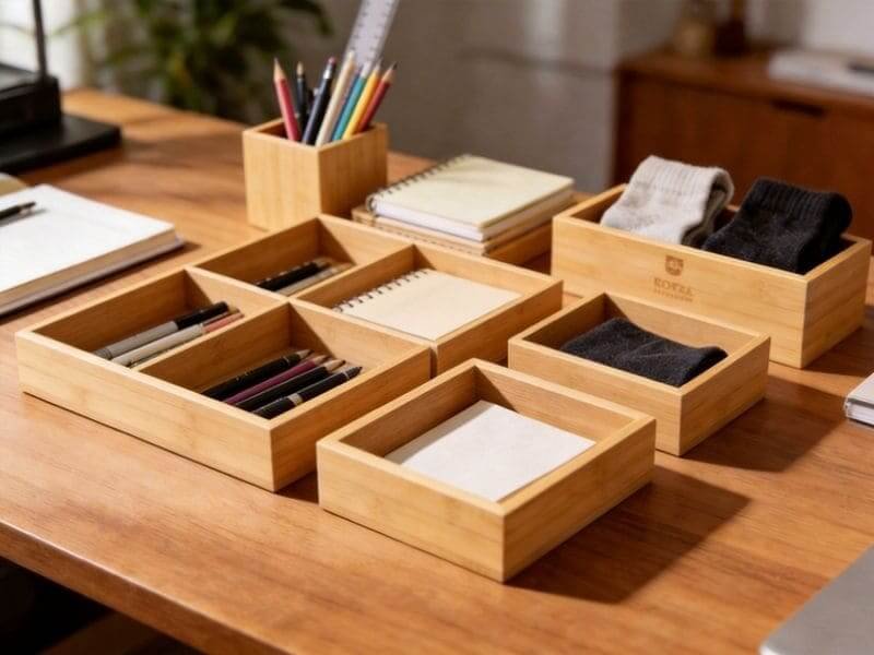 Bamboo organizers and hospitality amenities for hotel and office use,