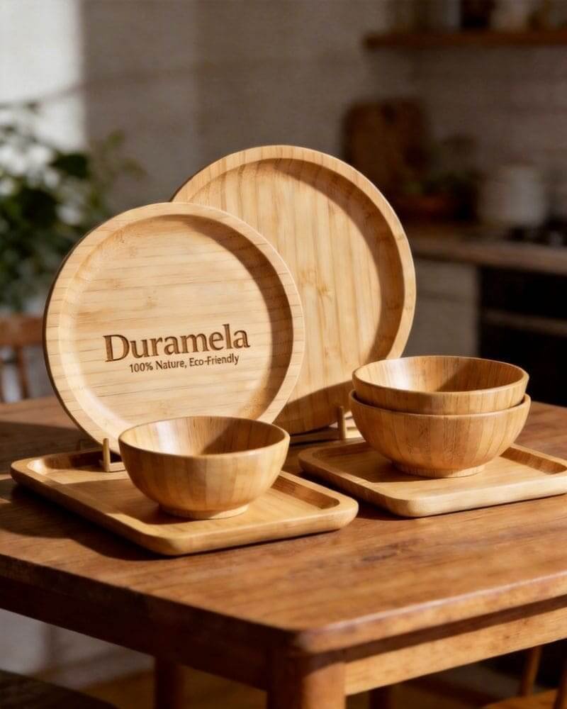 Custom branded bamboo dinnerware with logo engraving, private label bamboo tableware solutions