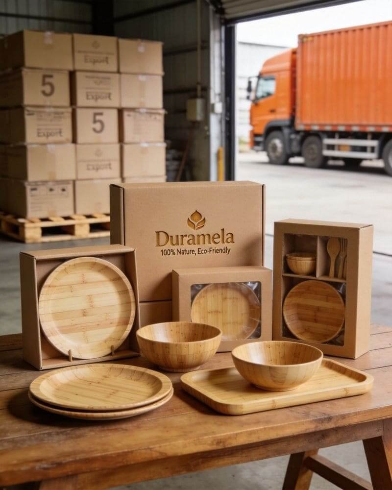 Packaged bamboo dinnerware ready for export, secure packaging and global delivery