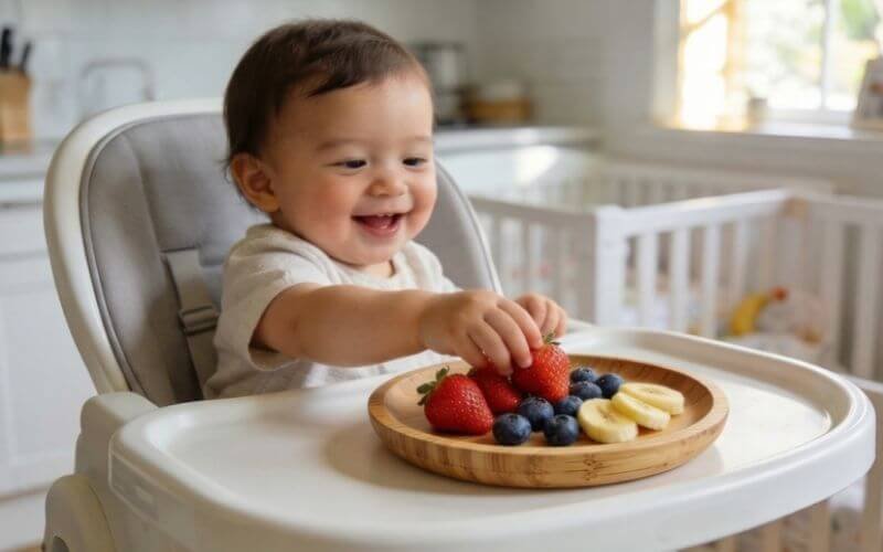 Baby using a solid bamboo plate demonstrating food safe and non toxic tableware