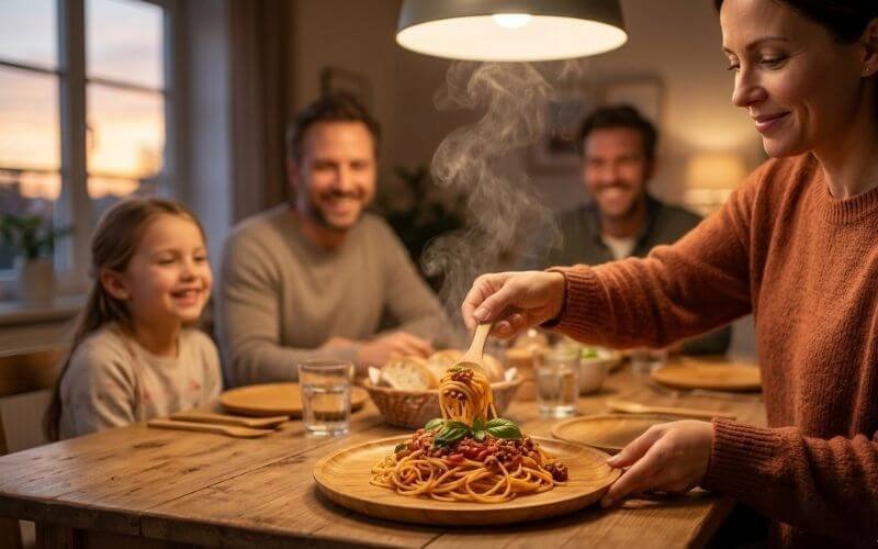 Family dinner served on 100% solid bamboo plates safe for hot food and daily meals