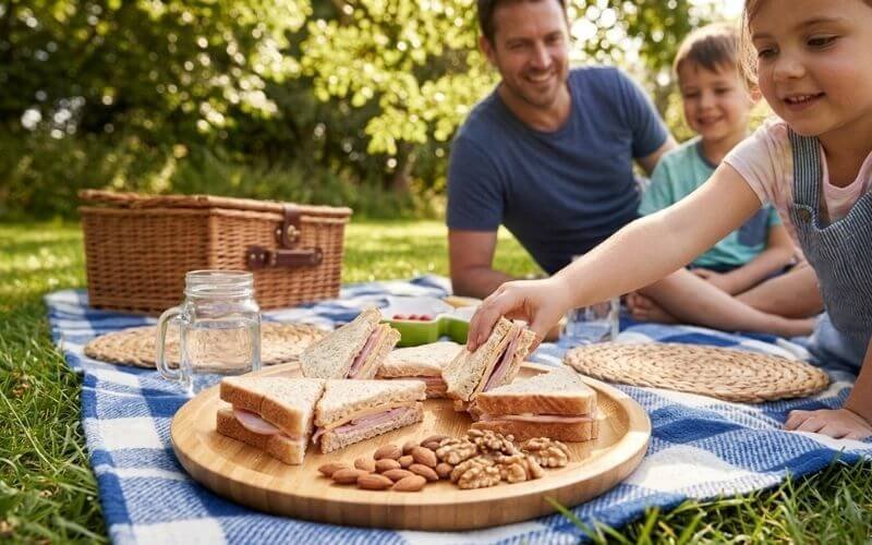 Family picnic with durable bamboo plates safe for outdoor dining and kids meals