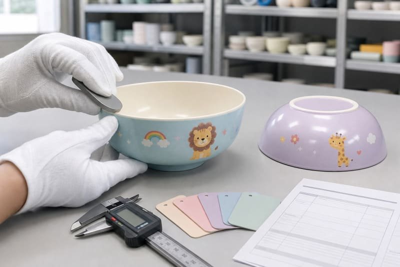 A5 melamine kids bowl sample checked for smooth rim and stable base