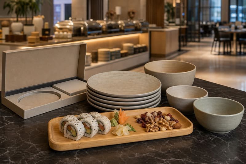 Bamboo serving tray and melamine plates arranged for restaurant tableware sourcing