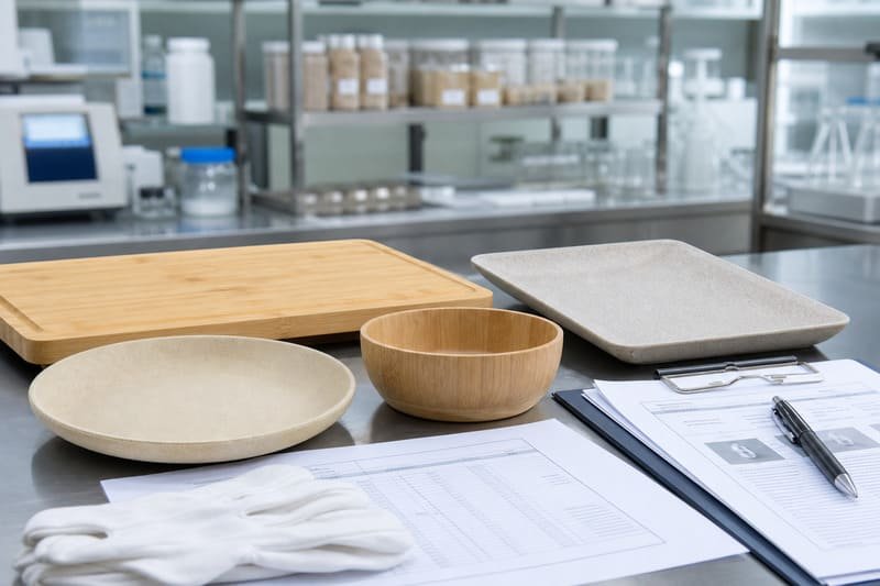 Bamboo tableware samples reviewed with food contact test documents