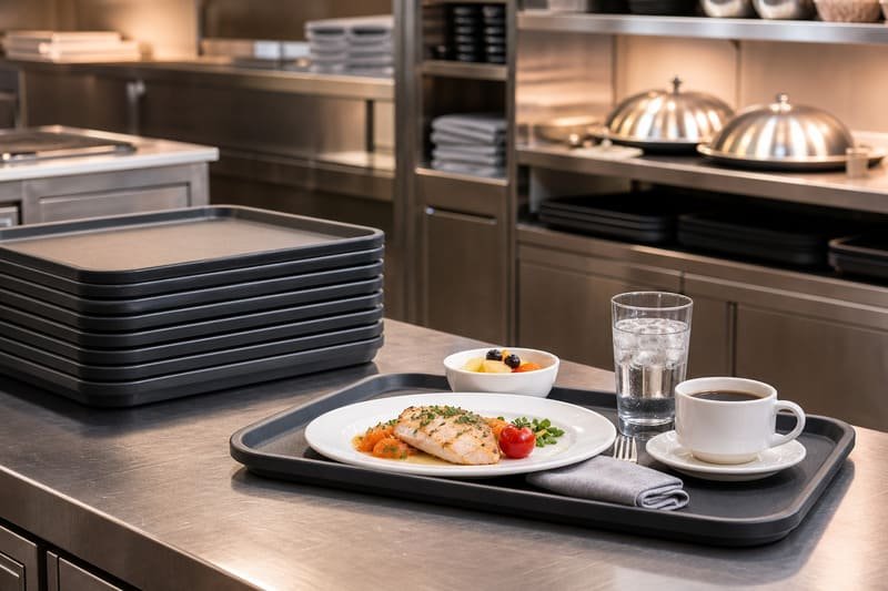 Break-resistant melamine room-service tray for hotel use