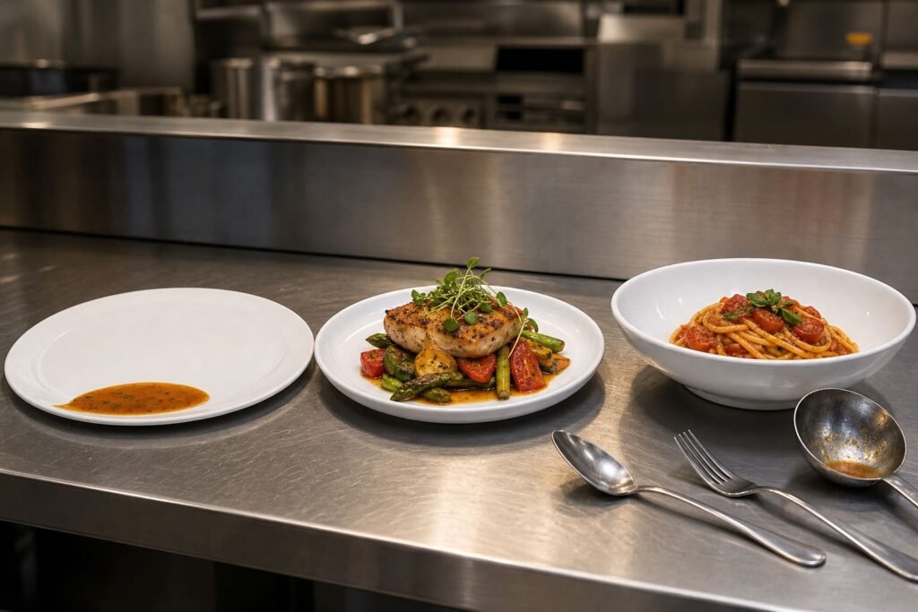 Different rim heights on melamine plates and shallow bowls for sauce control