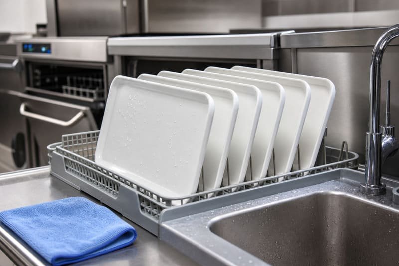 Easy-clean melamine hotel trays stacked for drying