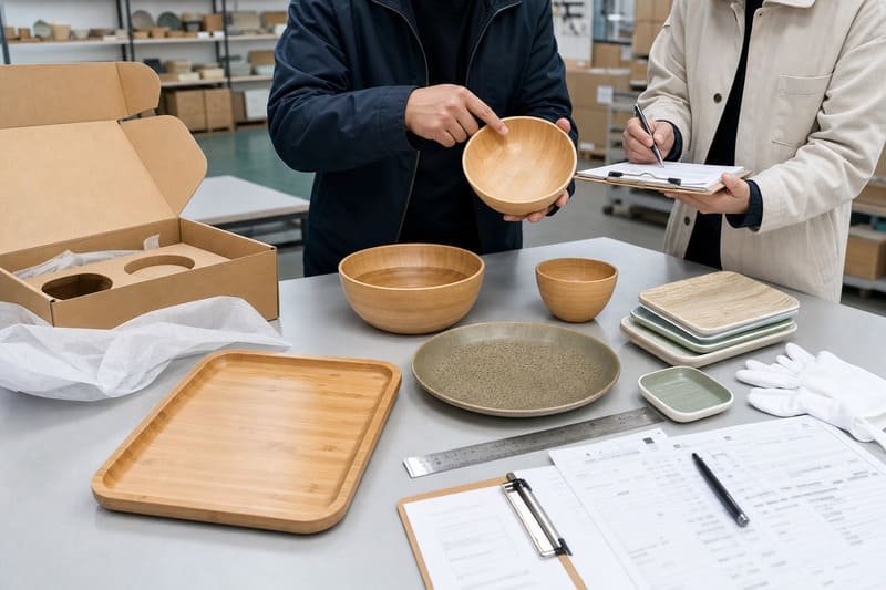 Factory Inspection of Custom Bamboo Tableware Samples
