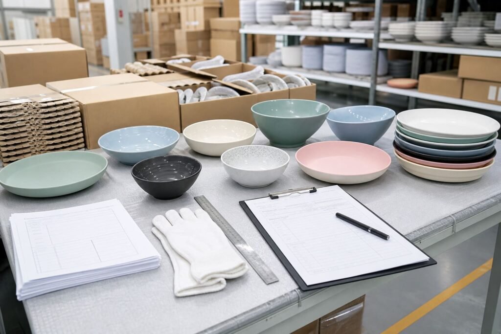 Factory inspection of commercial melamine plates and bowls before bulk shipment