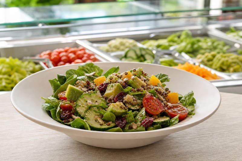 Fresh salad in a minimalist matte white melamine bowl for restaurant service