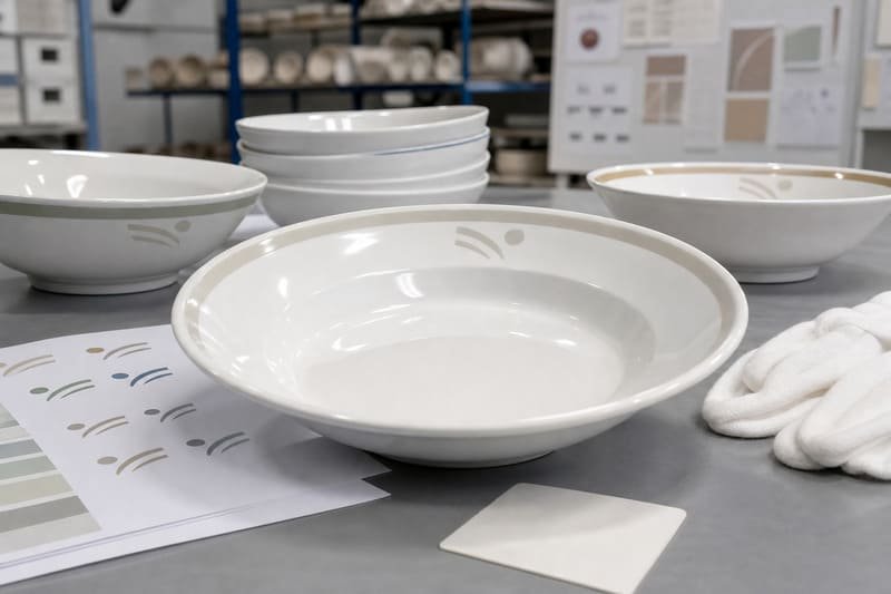 Glazed decal logo on wide-rim melamine bowl for commercial restaurants