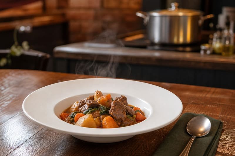 Hot stew served in a wide-rim melamine bowl for table service only
