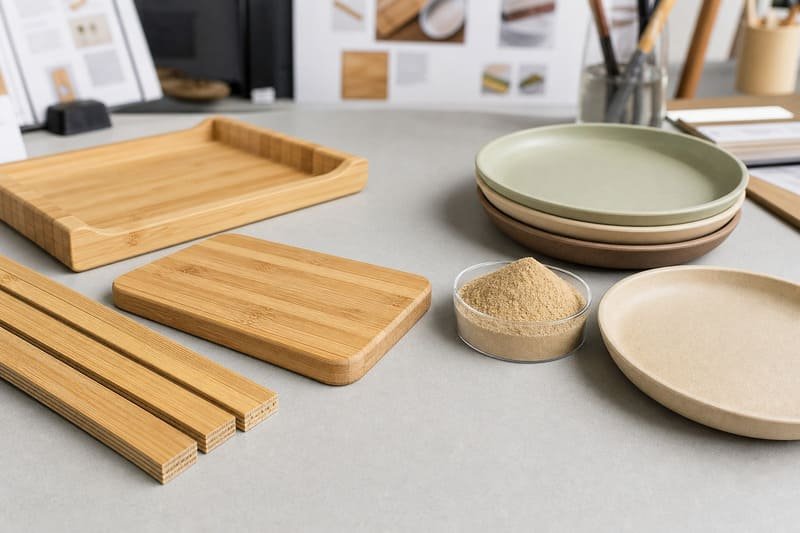 Laminated bamboo strips and bamboo fiber plates showing different tableware materials
