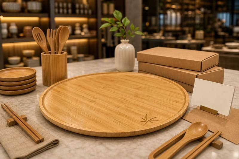 Laser engraved logo on bamboo tray for restaurant branding