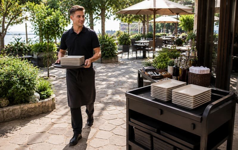 Lightweight stackable melamine plates for outdoor restaurant staff