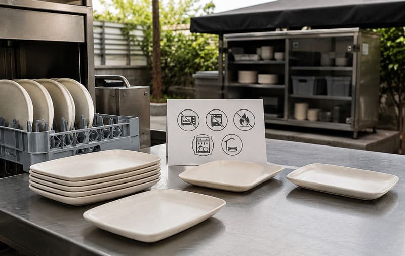Melamine plate use limits for microwave, oven, dishwasher, and outdoor storage