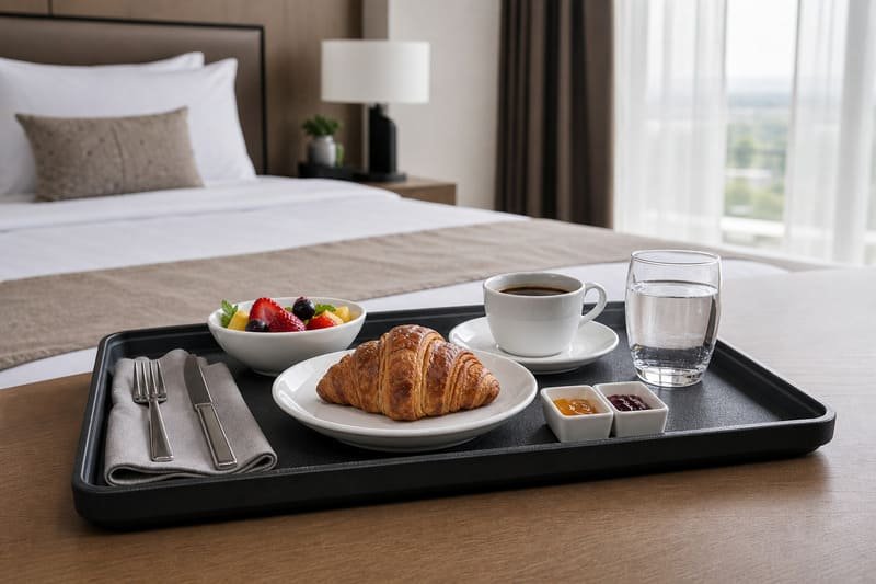 Melamine room-service tray used for hotel breakfast delivery