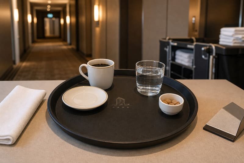 Non-skid melamine tray tested with coffee cup and glass