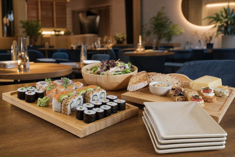 Restaurant setting with solid bamboo serving trays