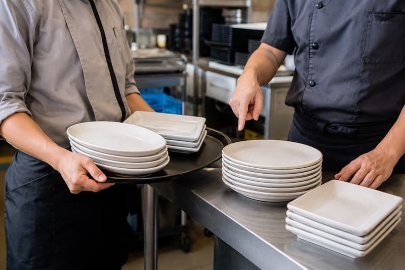 Restaurant staff comparing melamine and ceramic plate handling