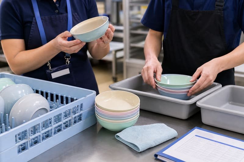 School staff inspecting kids bowls for cracks chips and scratches