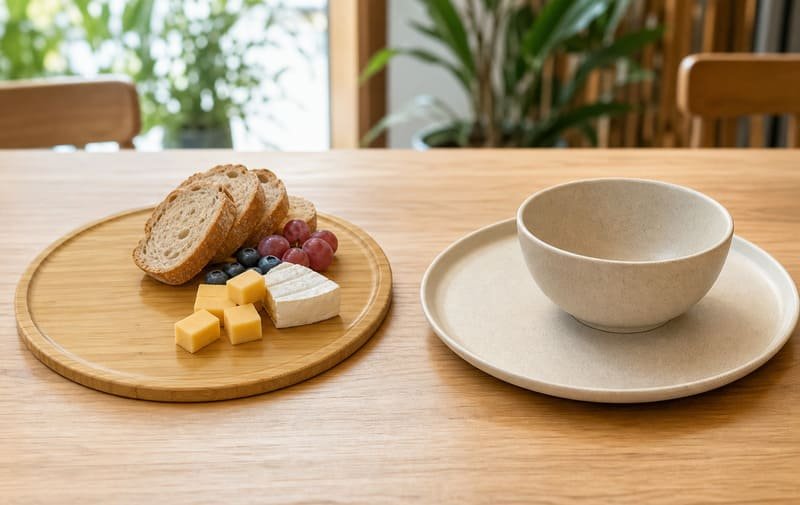 Solid bamboo serving board beside bamboo fiber plate for tableware material comparison