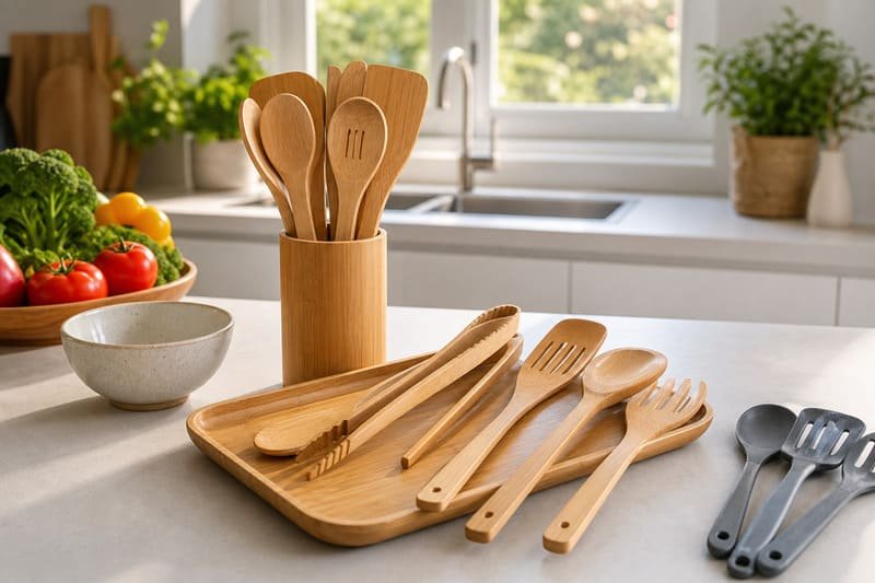 Solid bamboo utensils as a plastic alternative in a home kitchen