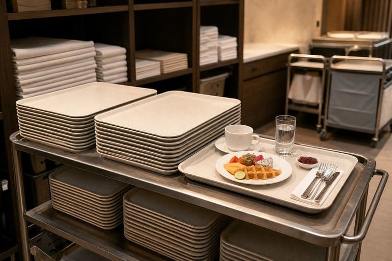 Stackable melamine room-service trays for hotel trolley storage