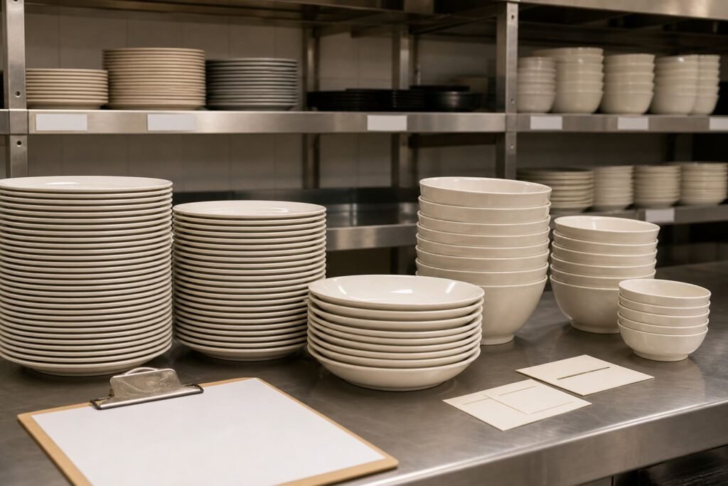 Stacked melamine plates and bowls for restaurant inventory planning