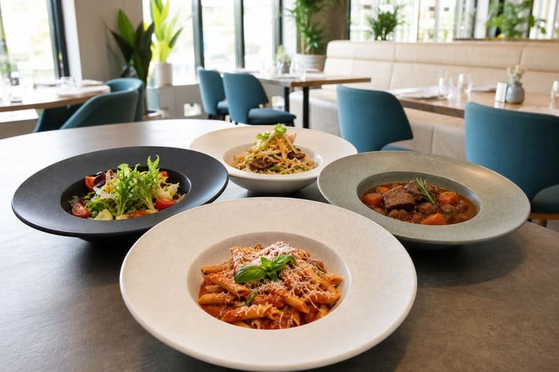 Wide-rim melamine bowls for pasta, salad, stew, and noodle service