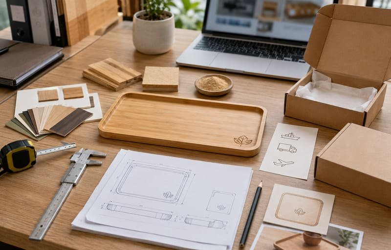 Bamboo tray quote checklist with size sketch logo and packaging details