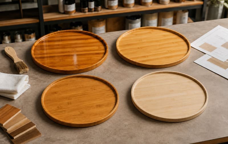 Bamboo tray surface finish samples with lacquer water-based coating and wood wax oil