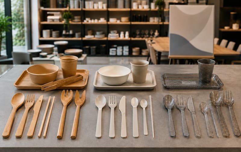 Bamboo utensils and reusable plastic utensils compared for commercial foodservice use